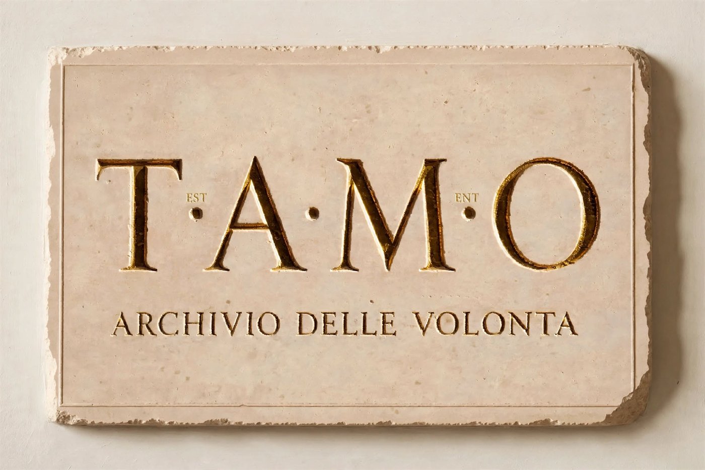 La lastra di travertino di TAMO: capitali romane incise con foglia d'oro nel solco, T·A·M·O e sotto Archivio delle volontà.