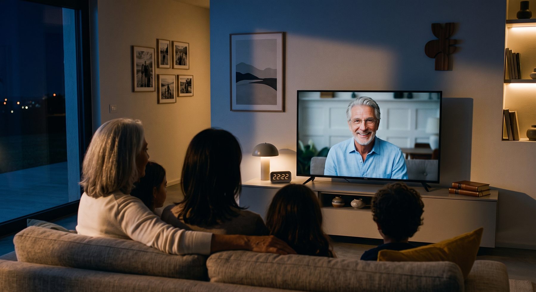 Una famiglia sul divano, la sera, guarda sullo schermo il video registrato dal nonno.
